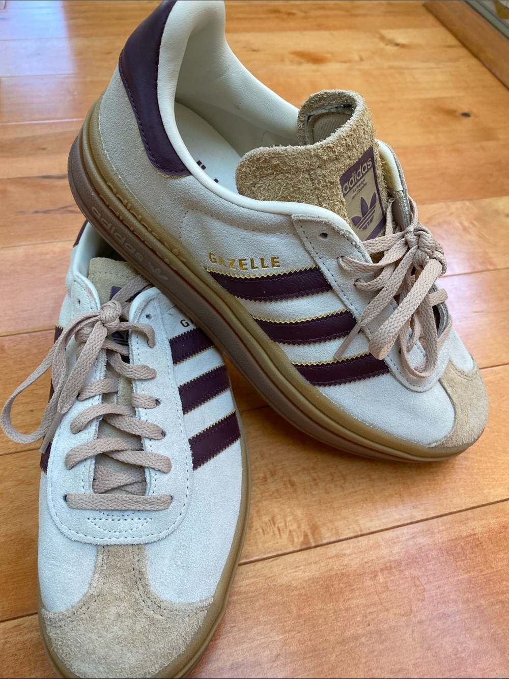 adidas Gazelle Suede Sneakers in Beige and Dark Purple